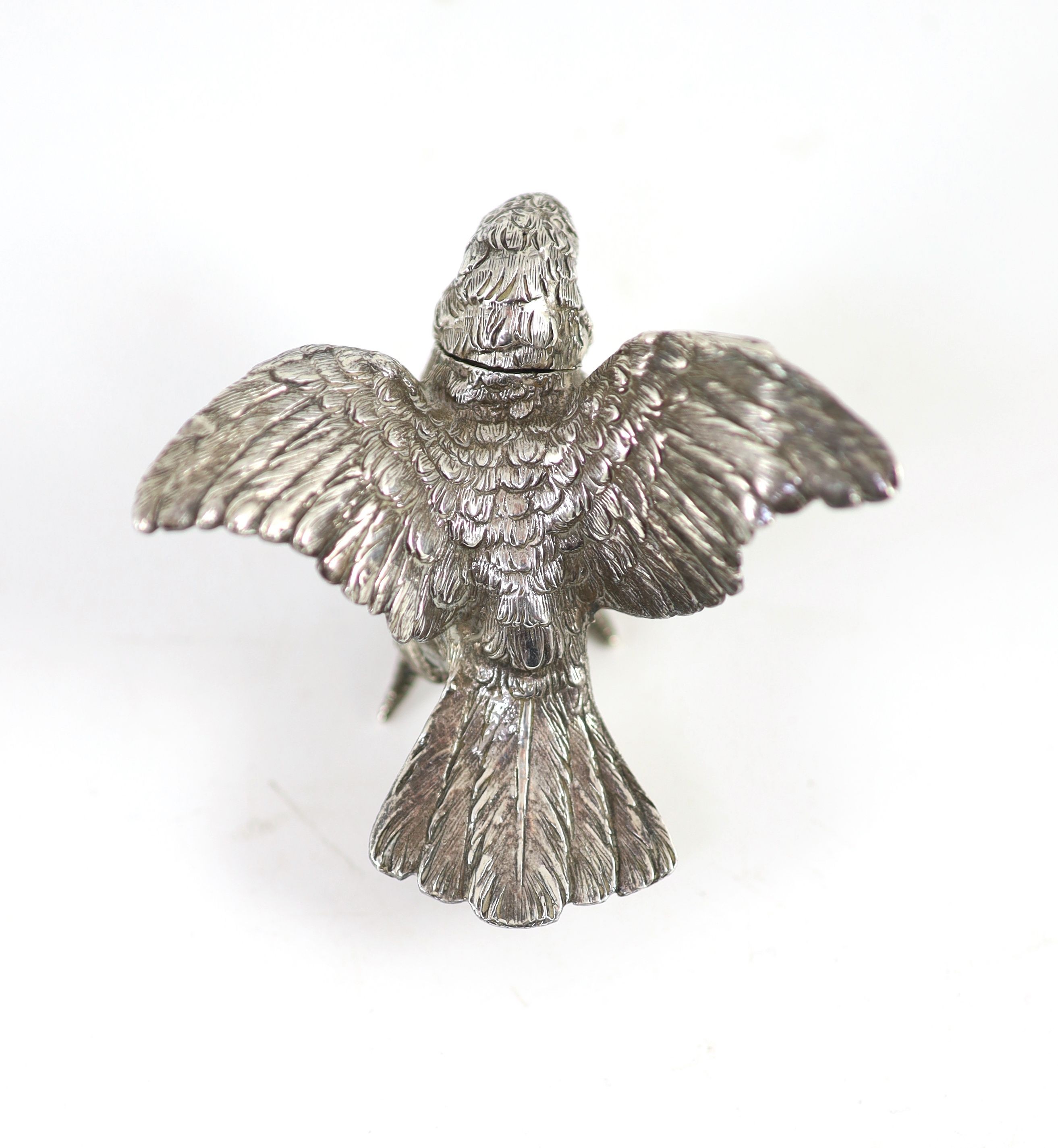 A late 19th/early 20th century Hanau novelty silver pepperette, modelled as a chick with outspread wings